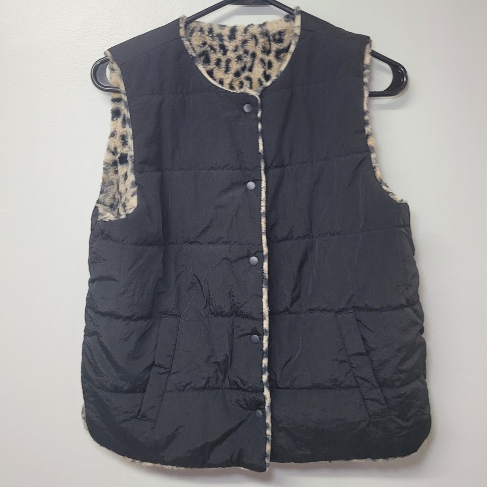 Color Place Kids Reversible Puffer Vest Black Faux Fur Leopard Print XXL 18/20